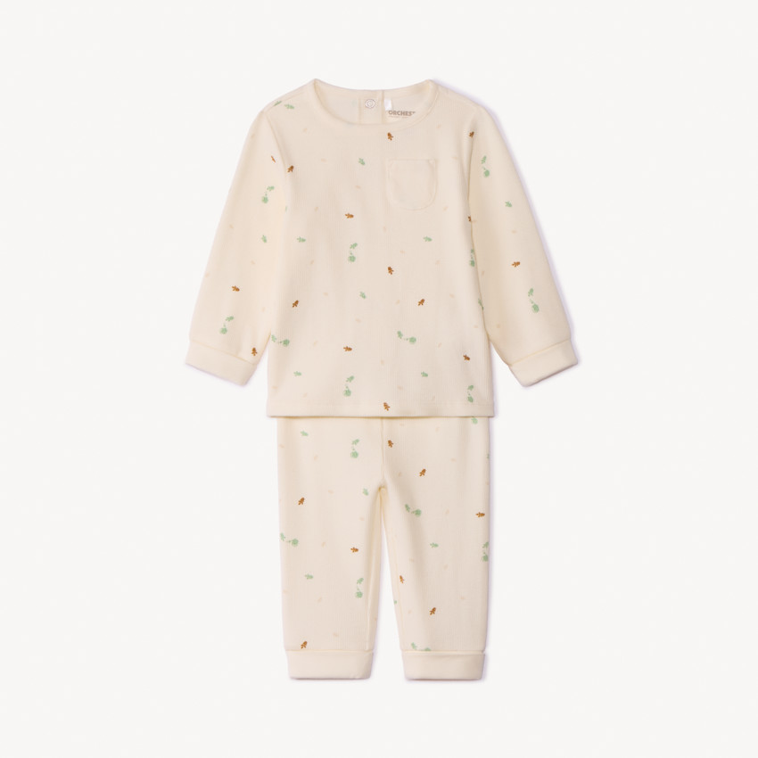 Ensemble 2 pièces côtelé et imprimé plantes pour bébé fille 