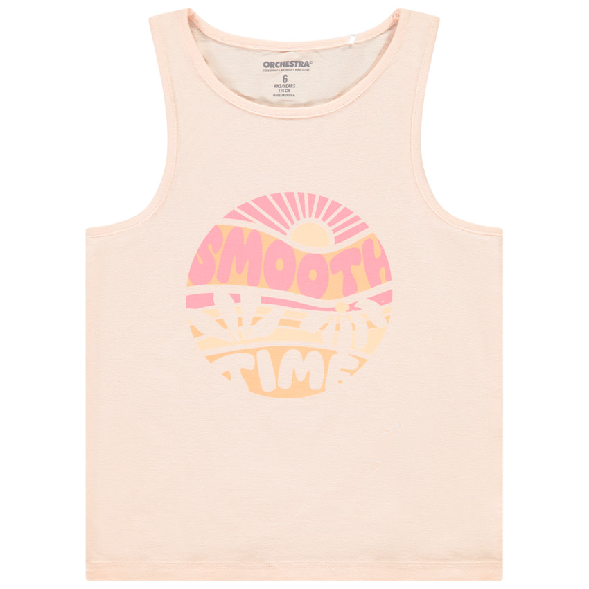 Abrikozenkleurige jersey slub top met fantasieprint voor meisjes 