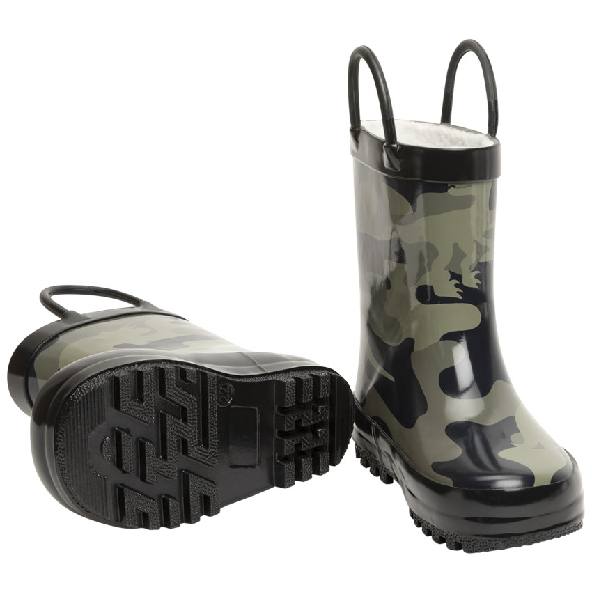 Kinderregenlaarzen voor jongens met camouflagepatroon en dinosaurusprint 