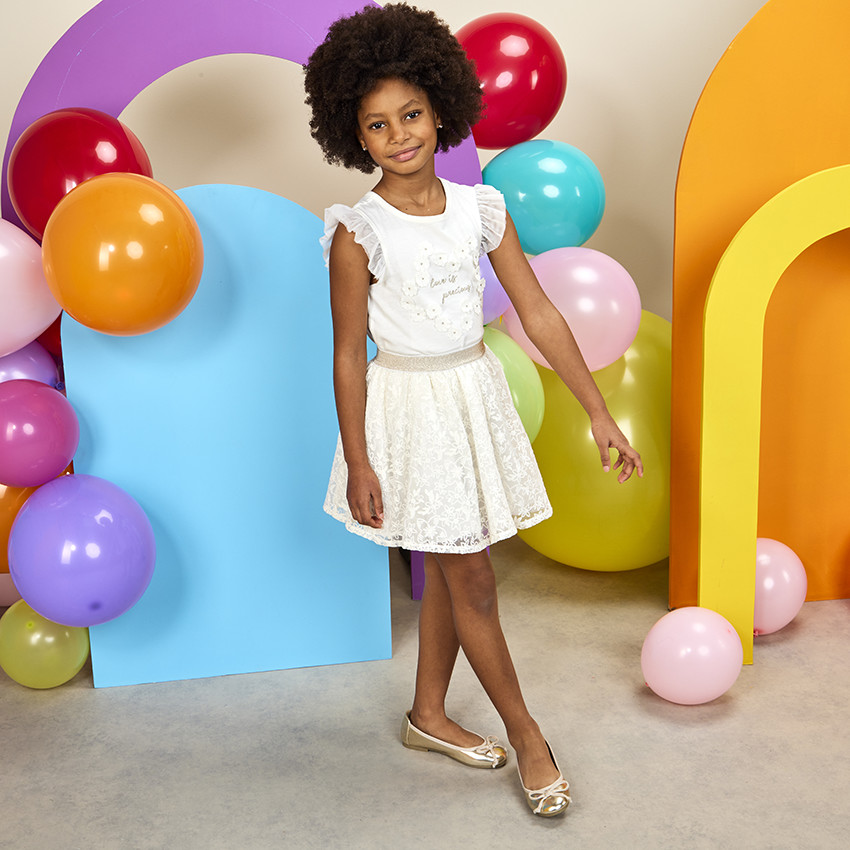 T-shirt manches courtes en tulle et fleurs 3D pour fille 