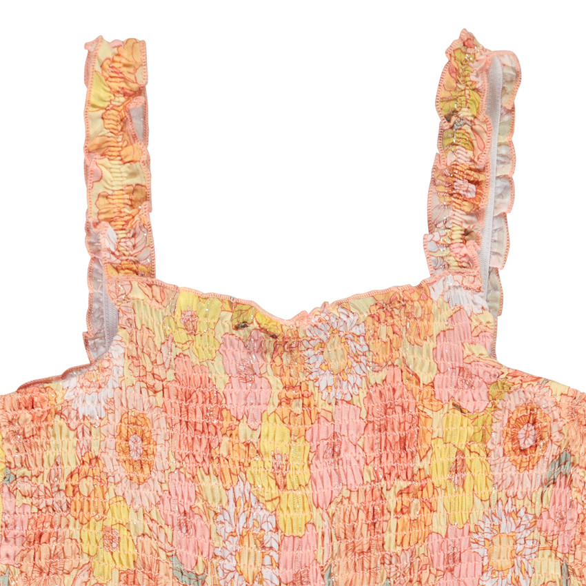 Combinaison longue à smocks imprimé fleurs retro pour fille 