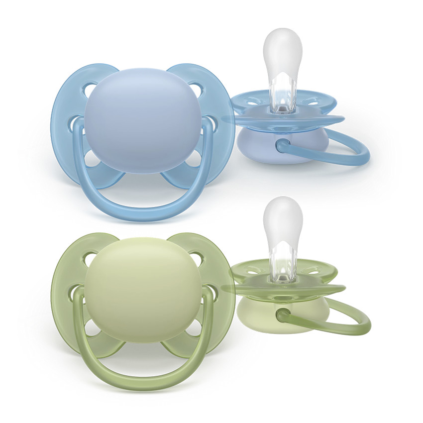 Lot de 2 sucettes en silicone 0-6 mois Ultra Doux bleu et vert 