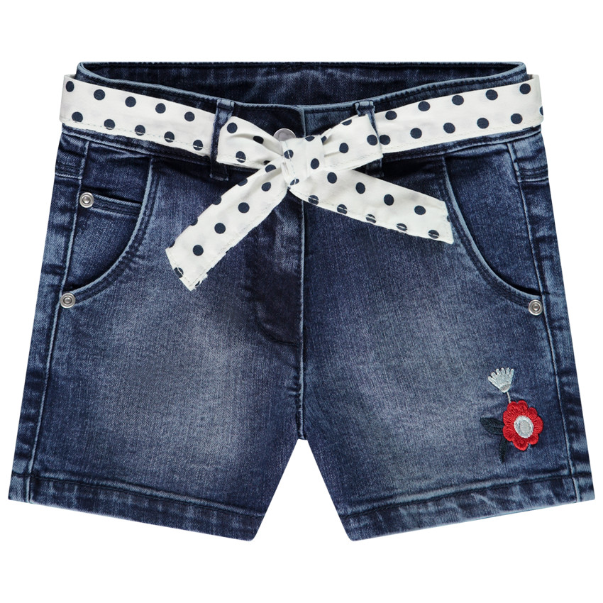 Short van denim met sjaalriem voorzien van stippenprint en geborduurde bloem voor meisjes 