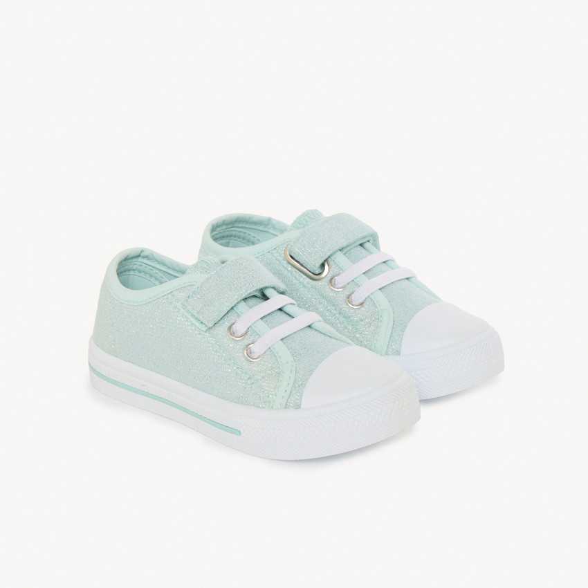 Lichte blauwe glinsterende lage sneakers met klittenband en veters voor meisjes 