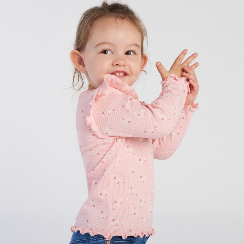 T-shirt met lange mouwen, roze met kleine hartjesprint en ruches voor meisjes 