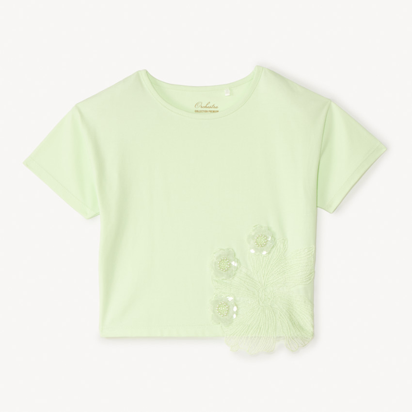 T-shirt manches courtes avec grosses fleurs en sequins fille 