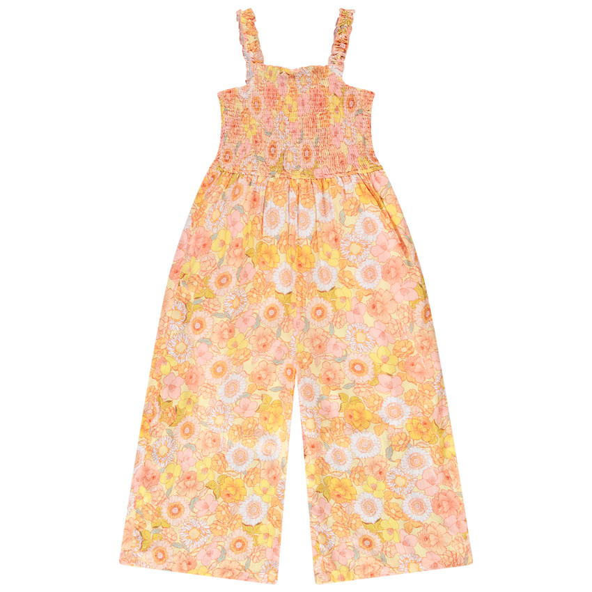 Combinaison longue à smocks imprimé fleurs retro pour fille 