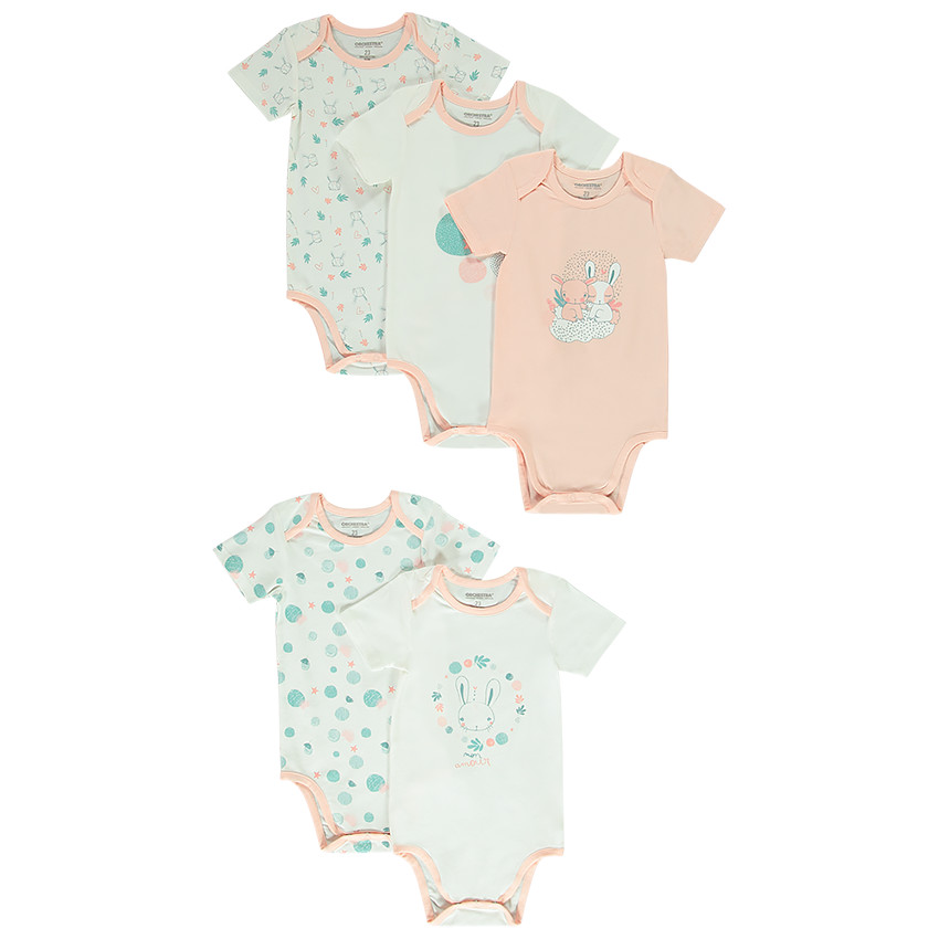 Lot de 5 bodies imprimé lapins pour bébé fille 