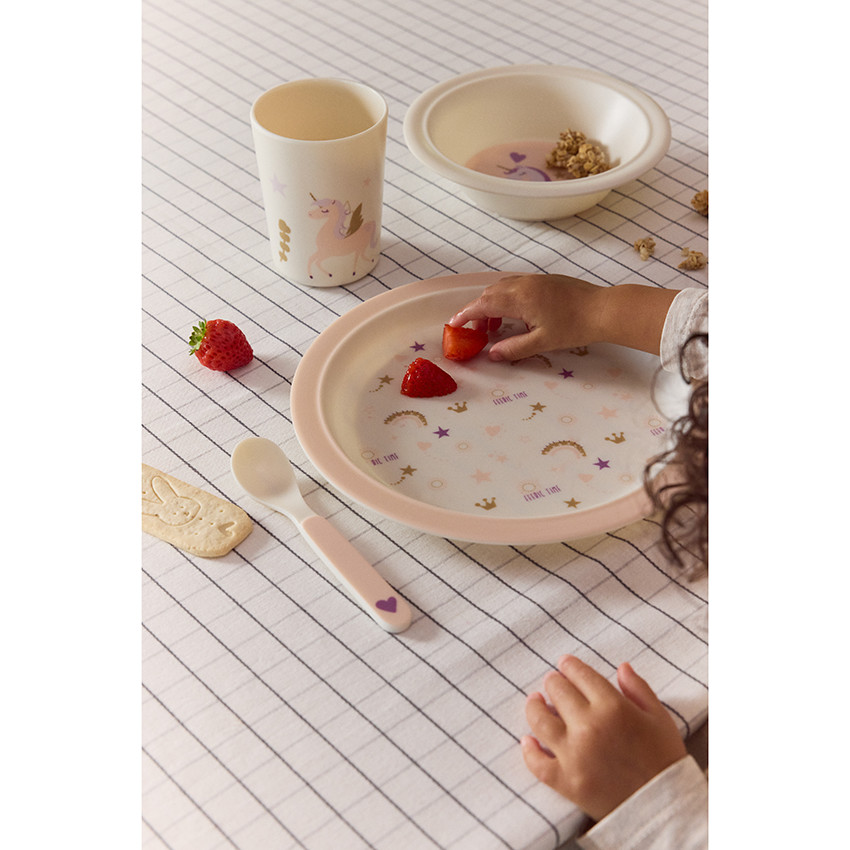 Set repas 5 pièces en mélamine Licorne rose/écru 
