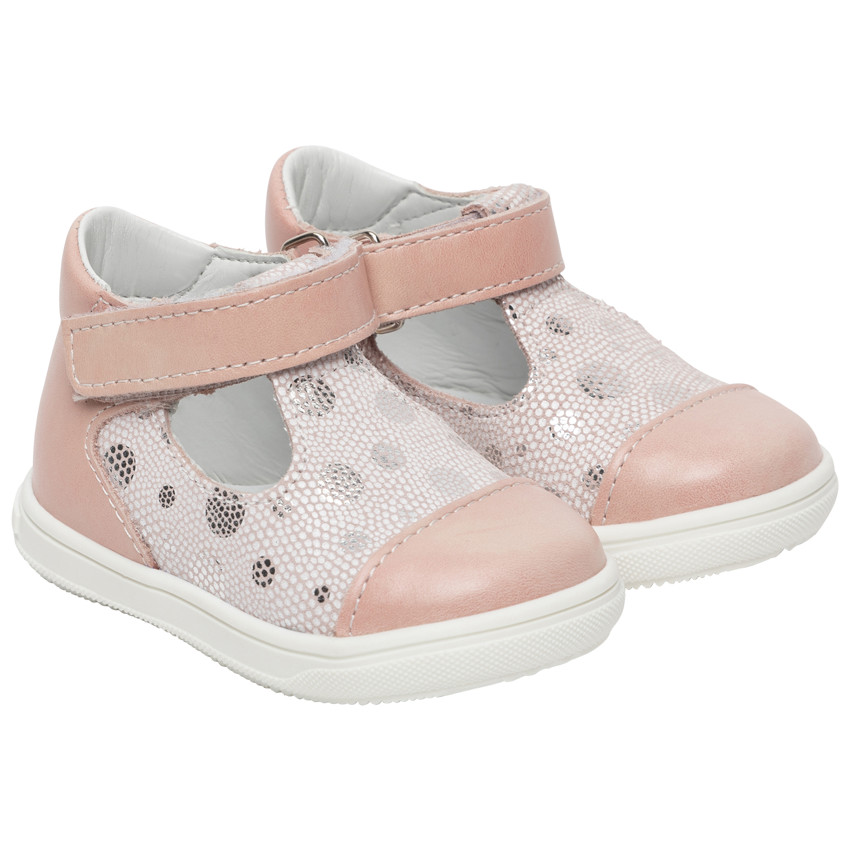 Salomés en cuir rose irisé à pois  
