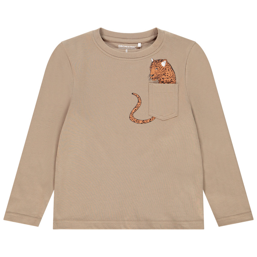 Katoenen kinder-T-shirt met lange mouwen en zak met luipaardprint voor jongens 