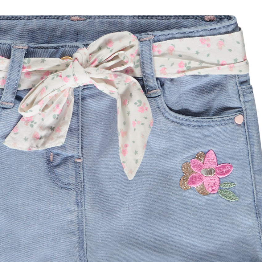 Short in denim met borduursel en strikceintuur voor meisjes 