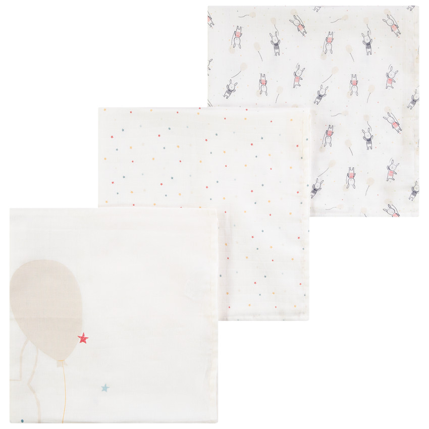 Lot de 3 langes en tétra imprimé lapins et étoiles pour bébé 