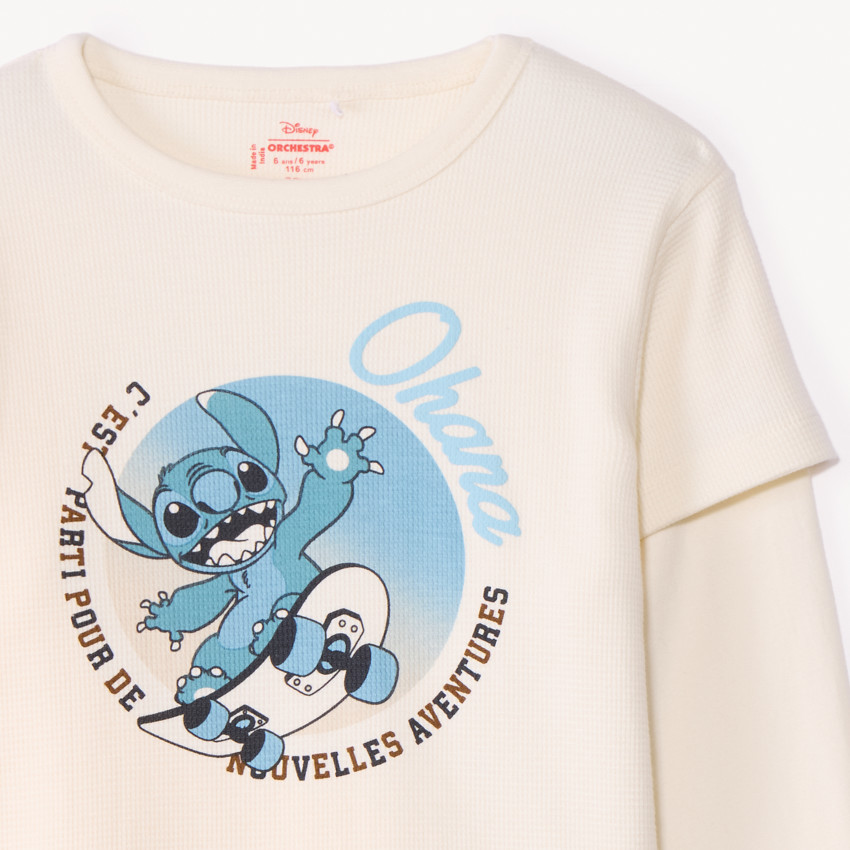 T-shirt met lange mouwen in honingraatstructuur met Stitch Disney print voor jongens 