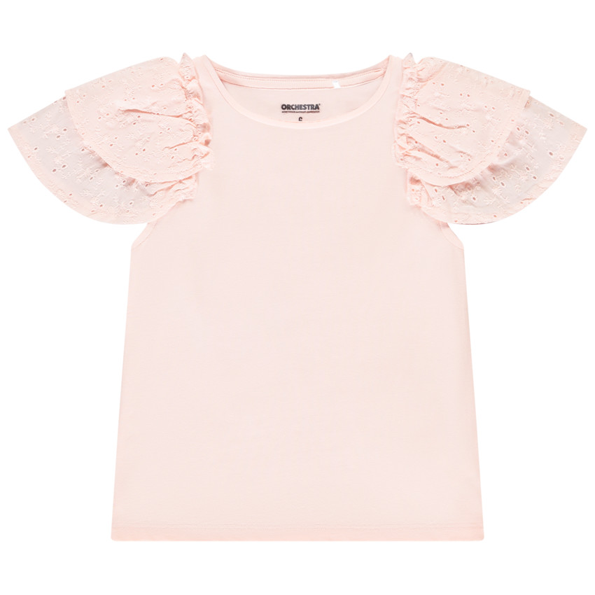 T-shirt manches courtes brodées et volantées fille 