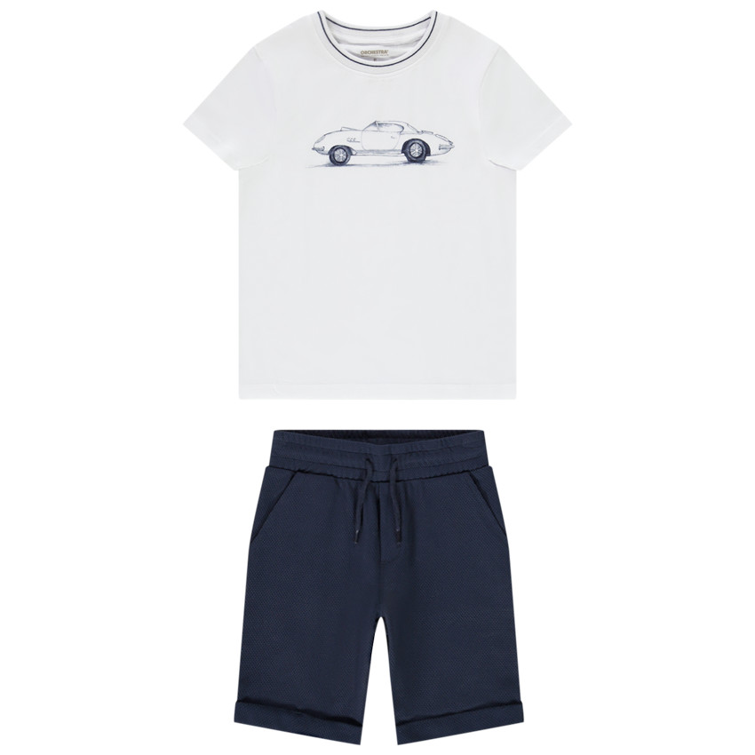 Korte set van 2 stukken t-shirt met auto-print + bermuda voor jongen 
