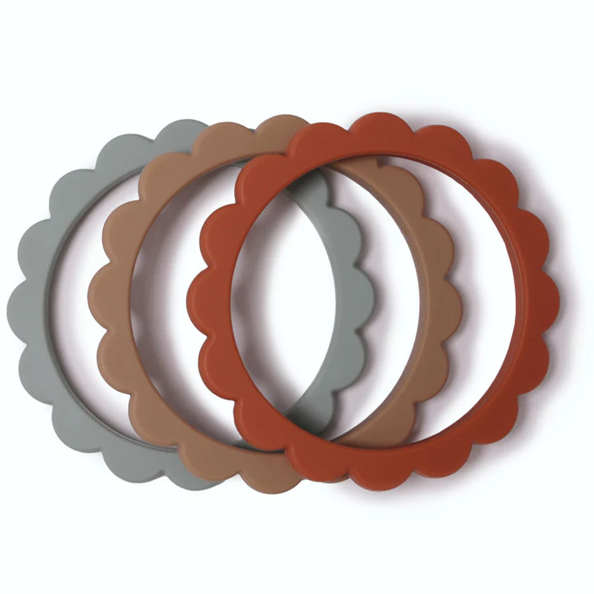 Anneau de dention bracelet Fleurs 100% Silicone Cambridge Blue/Clémentine/Natural 3pcs 