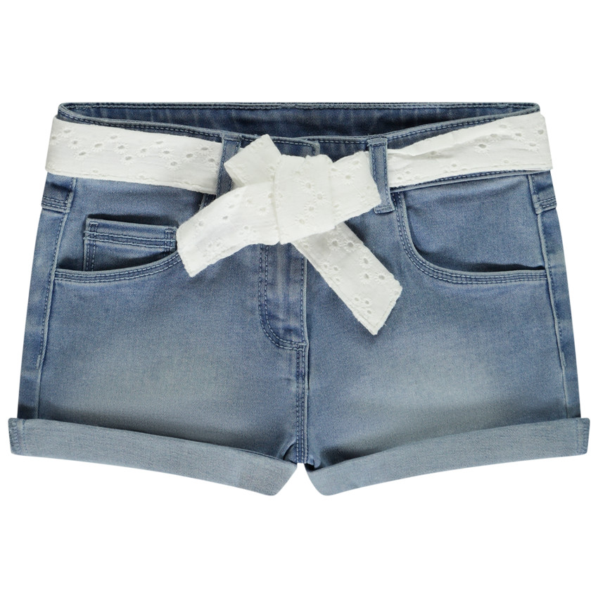 Short in jeans met ceintuur in Engels borduursel voor meisjes 