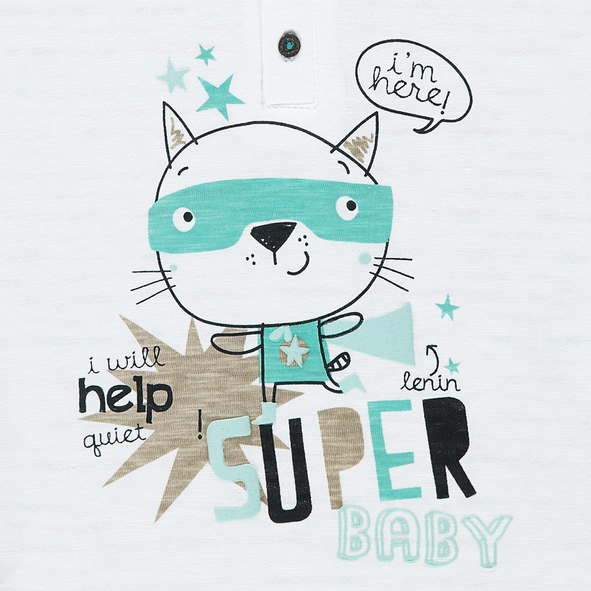 Tee-shirt manches courtes en jersey avec rayures contrastées et chat printé 