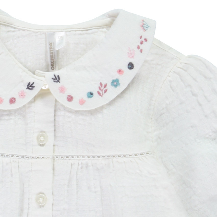 Tuniek met lange mouwen in effen kleur en Claudine kraag voor babymeisjes met borduursel 