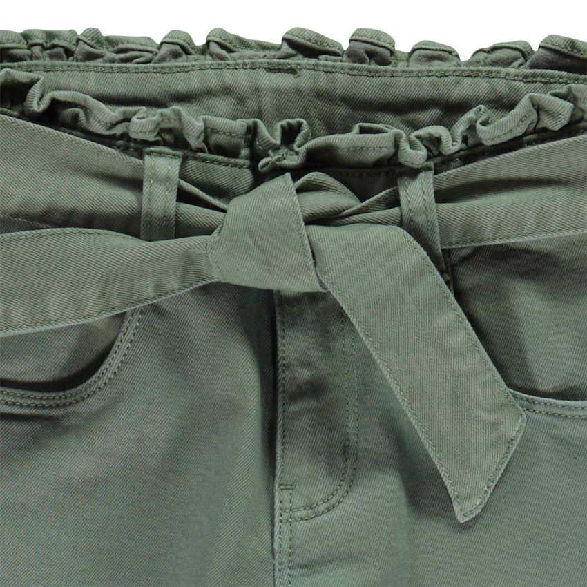 Jean uni vert effet denim avec ceinture à nouer pour fille 