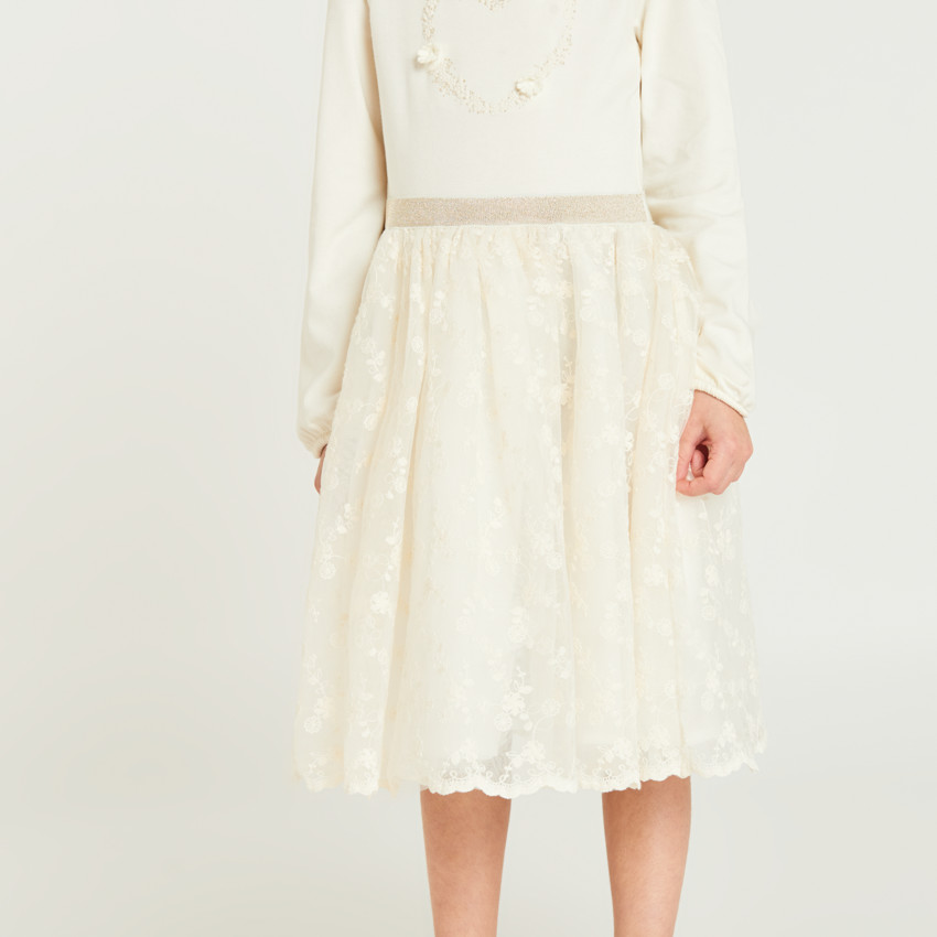Meisjesjurk met lange mouwen en geborduurd tulle-effect 2-in-1. 