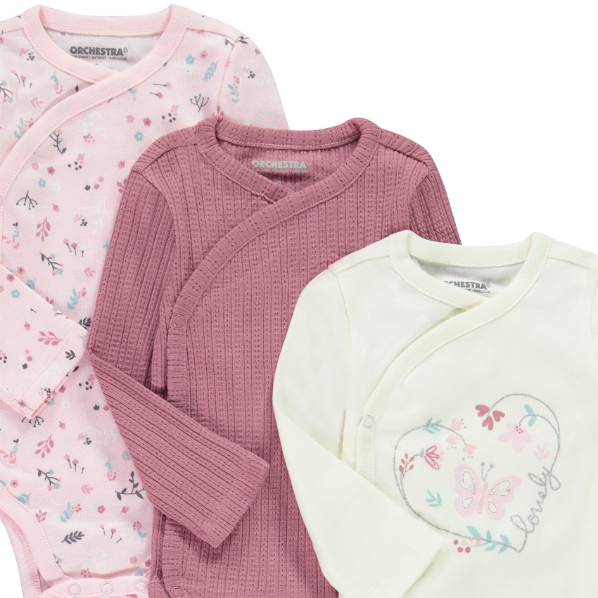 Lot de 5 bodies manches longues fantaisie pour bébé fille avec ouvertures différentes selon l'âge 