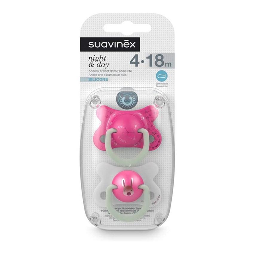 Lot de 2 sucettes en silicone réversible Night&Day 4/18M - Lapin Rose 