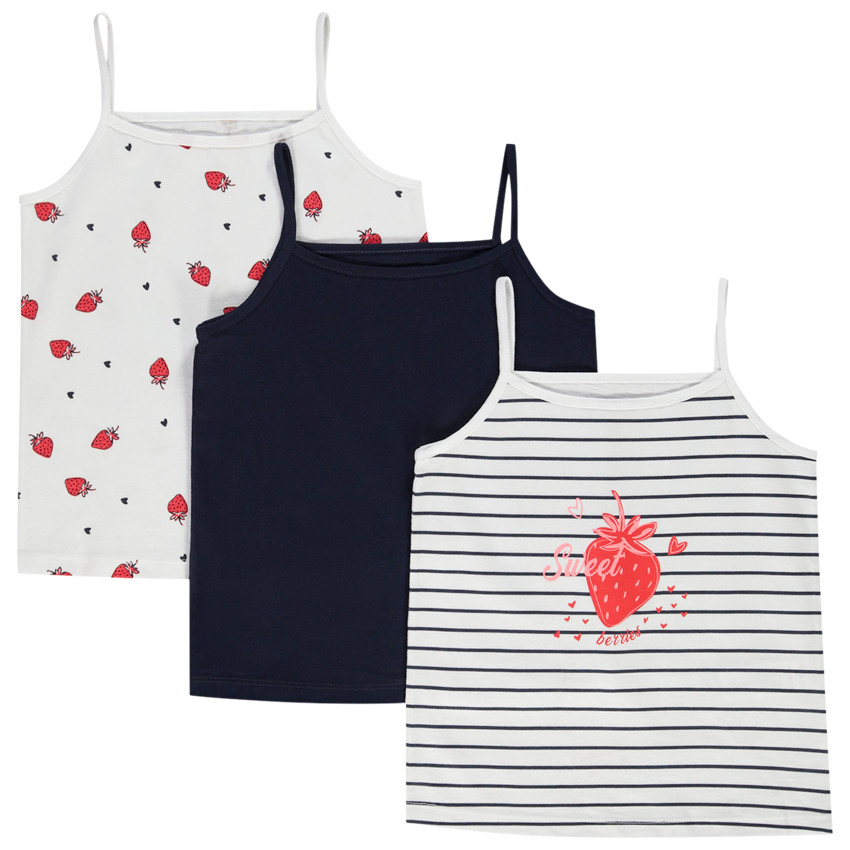 Set van 3 mouwloze T-shirts met fantasiepatroon aardbei voor meisjes 