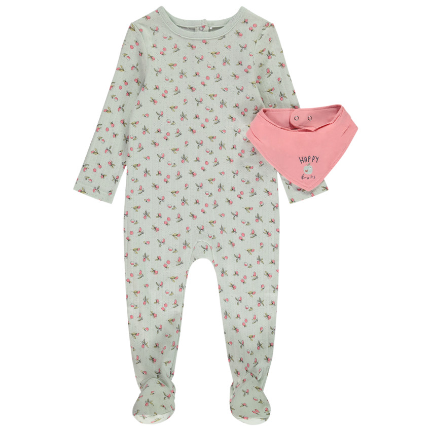 Ensemble dors-bien imprimé + bavoir bandana pour bébé fille avec ouvertures différentes selon l'âge 