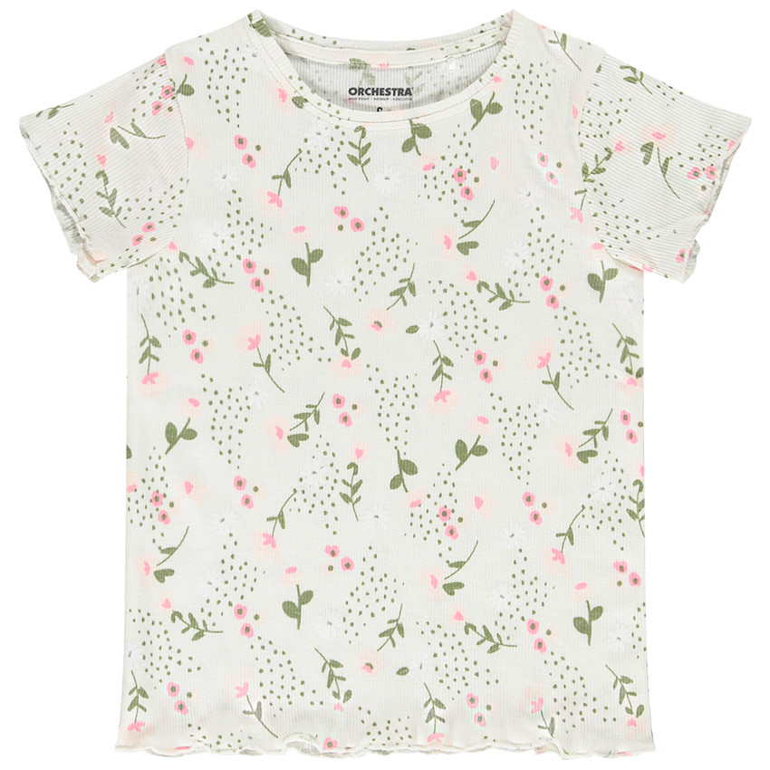 T-shirt manches courtes en jersey côtelé imprimé fleuri pour fille 