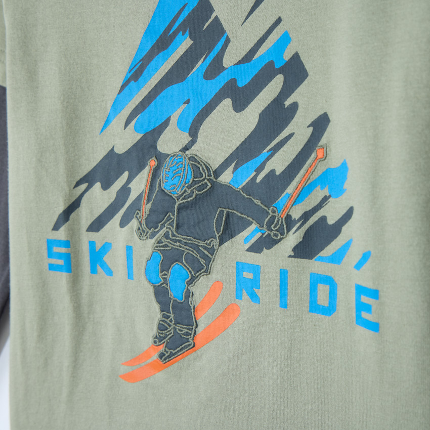T-shirt manches longues effet 2 en 1 printé ski pour garçon 