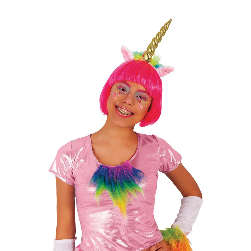 Serre-tête licorne à crinière fantaisie et corne dorée 