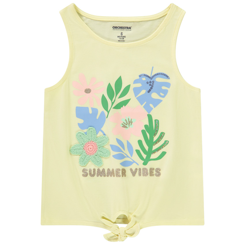 Mouwloos top met fantasieprint en gebreide bloem voor meisjes 