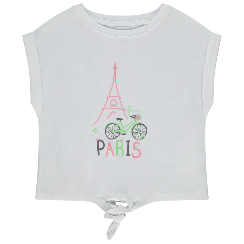 T-shirt manches courtes fantaisie avec Tour Eiffel mat brodé pour fille 