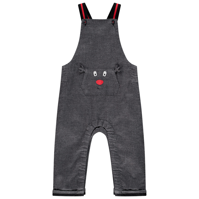 Lange salopette met zak met elandmotief voor babyjongens. 