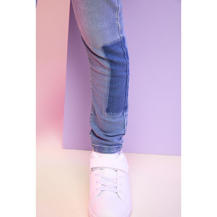 Jeans slim in denim met patchwork-effect en strass voor meisjes 