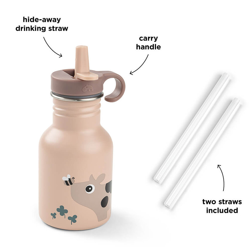 Drinkfles met rietje Tiny Farm Roze 350ML 