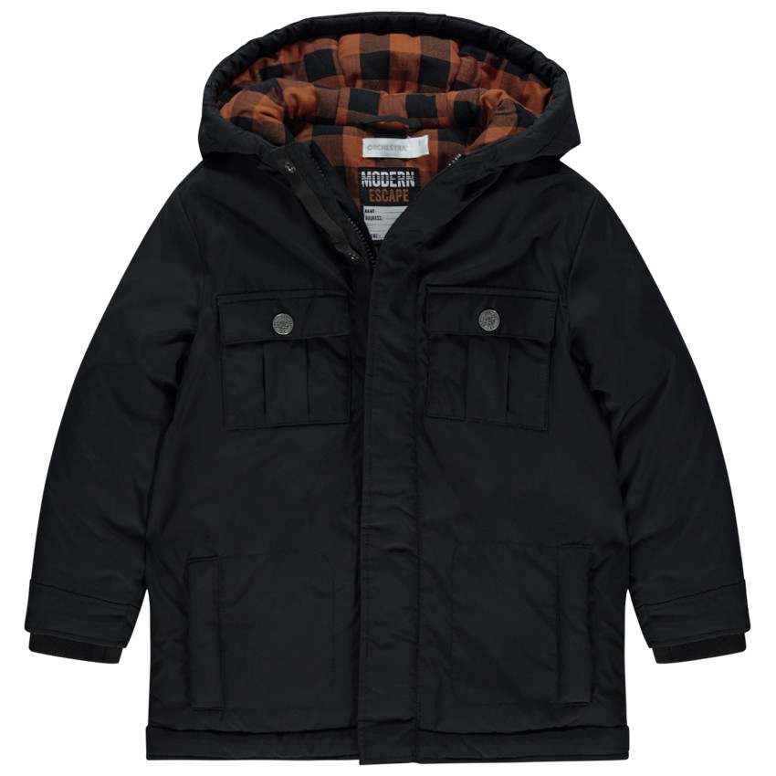 Zwarte parka met geruite flanellen voering, voor jongens. 