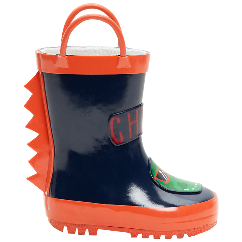 Rubberen regenlaarzen met handgrepen en dinosaurusbadge van maat 24 tot 29 
