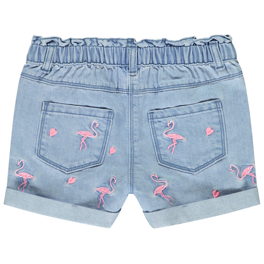 Korte denim short met geborduurde flamingo