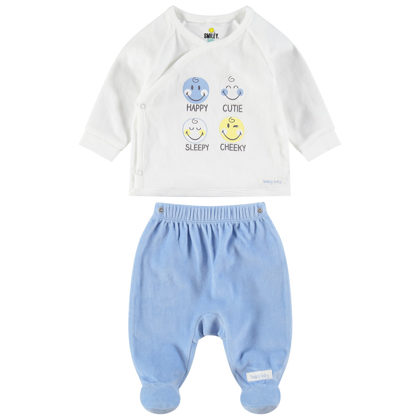 Fluwelen pyjama met twee kleuren en ©Smiley-prints en voetjes 