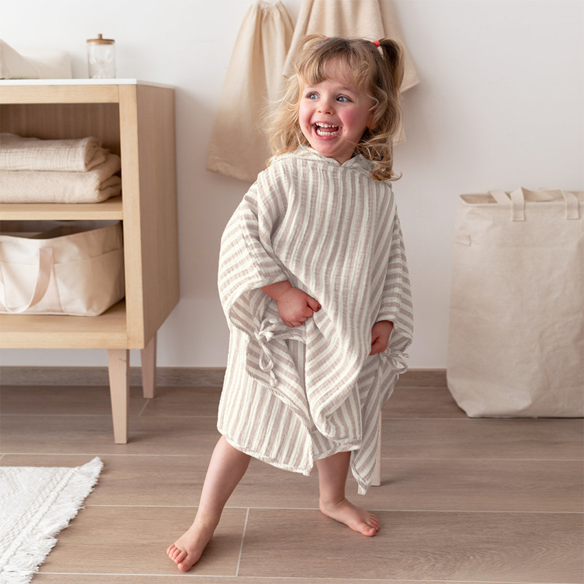 Poncho de bain Gaze de coton Stripe 9/36m Sesame 