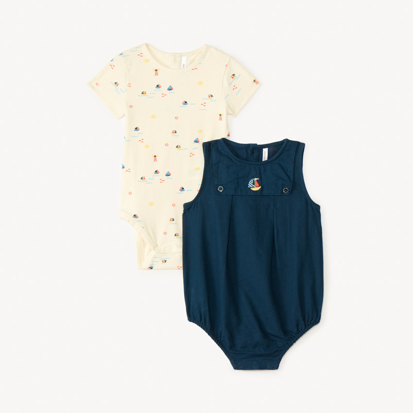 Ensemble 2 pièces avec barboteuse broderie bateau pour bébé garçon 