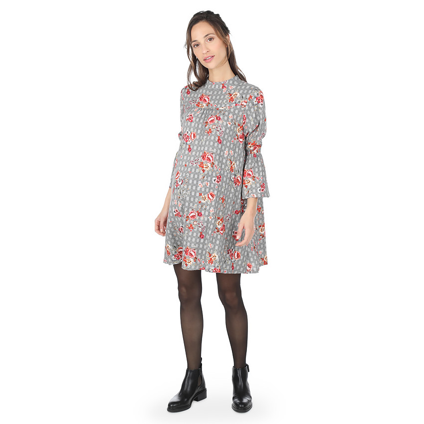 Robe de grossesse manches 3/4 à carreaux et fleurs all-over 