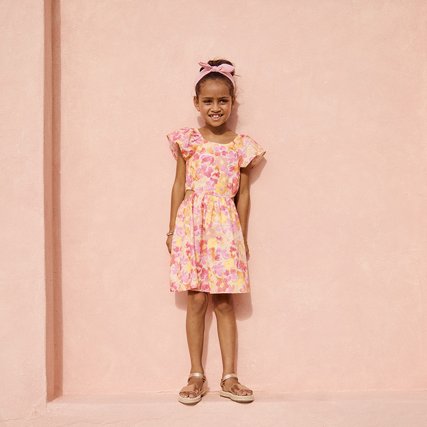 Korte mouwen jurk in seersucker met bloemenprint voor meisjes 