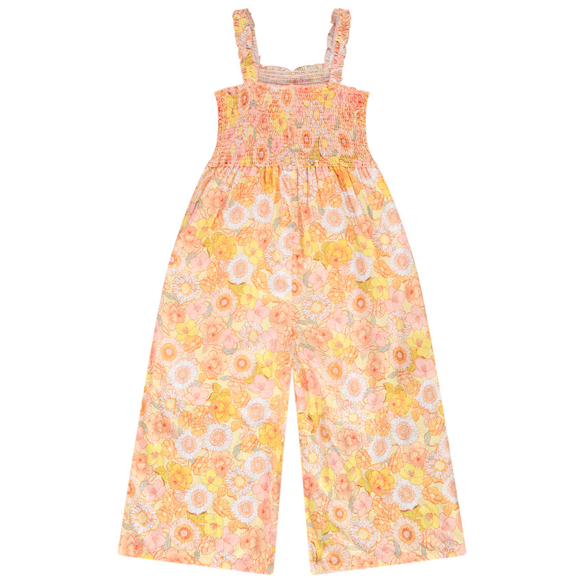 Combinaison longue à smocks imprimé fleurs retro pour fille 