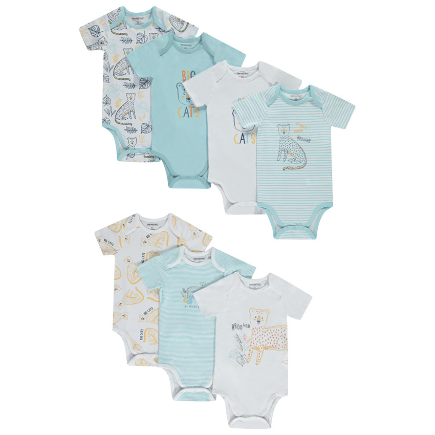 Set van 7 bodies met korte mouwen met motieven van katachtigen voor baby jongen met verschillende openingen afhankelijk van de leeftijd 