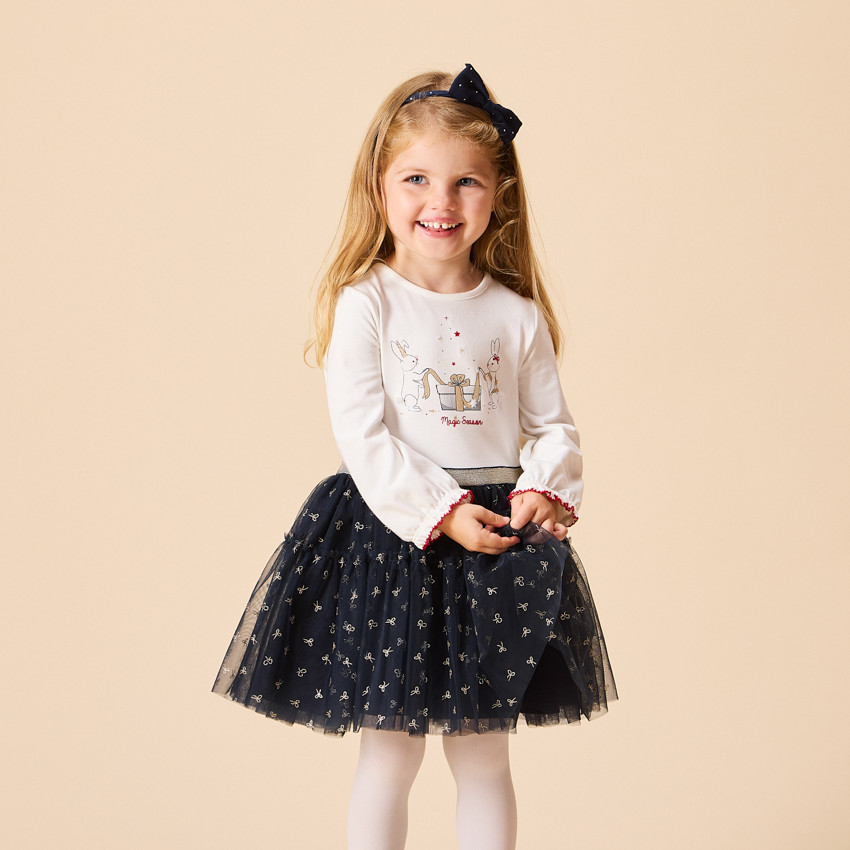 Robe de fête manches longues effet 2 en 1 bi-matière pour bébé fille 