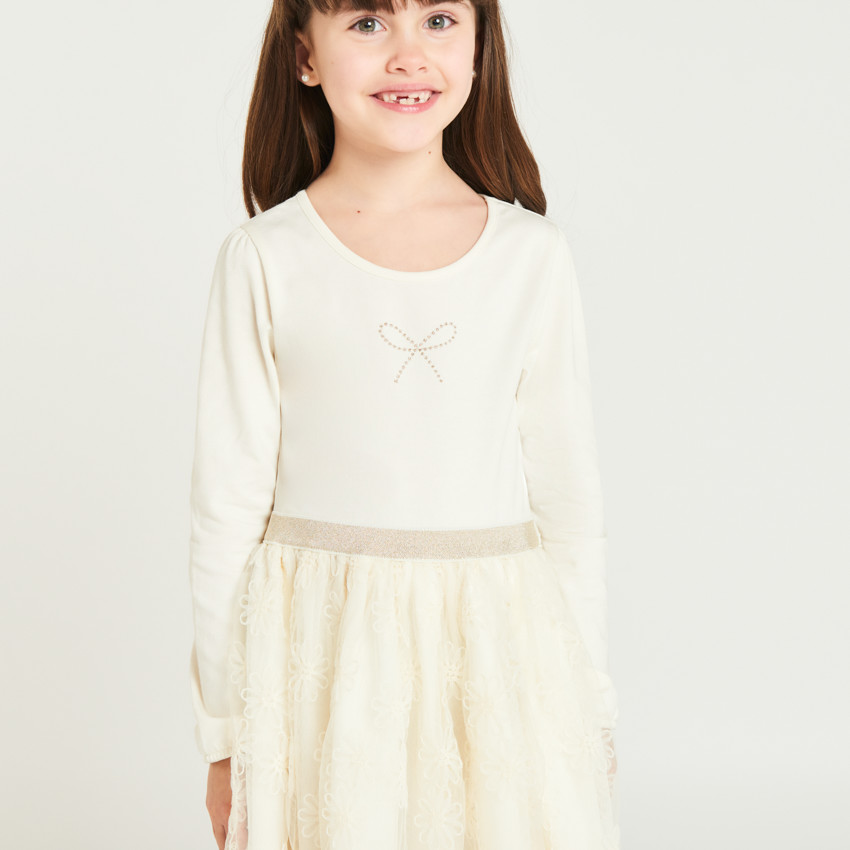 Robe manches longues effet 2 en 1 en tulle brodé pour fille 